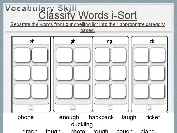 Classify Words i-Sort Separate the words from our spelling list into their appropriate category