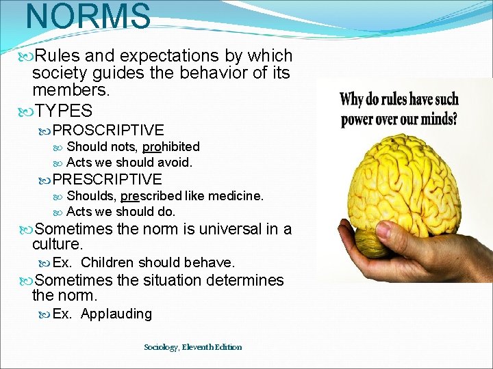 NORMS Rules and expectations by which society guides the behavior of its members. TYPES