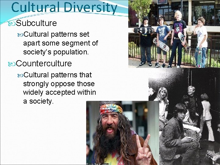 Cultural Diversity Subculture Cultural patterns set apart some segment of society’s population. Counterculture Cultural