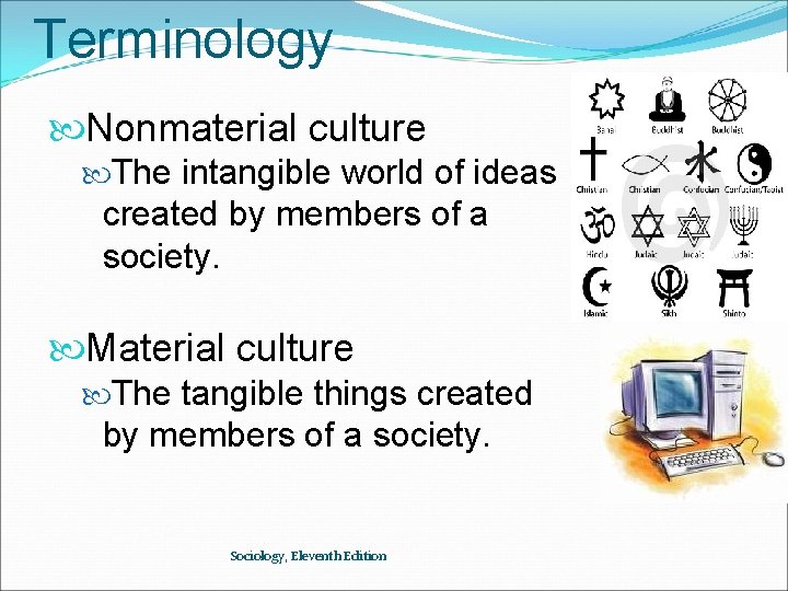 Terminology Nonmaterial culture The intangible world of ideas created by members of a society.