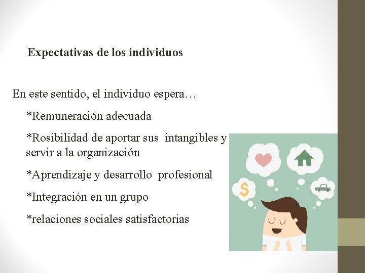 Expectativas de los individuos En este sentido, el individuo espera… *Remuneración adecuada *Rosibilidad de