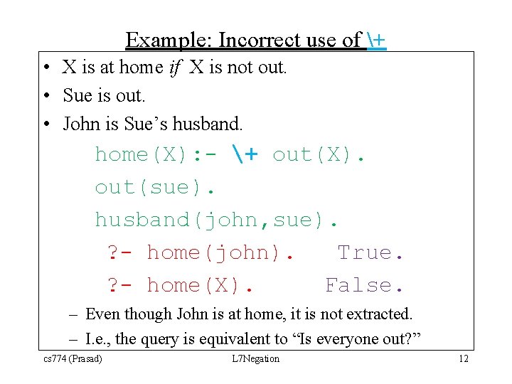 Example: Incorrect use of + • X is at home if X is not