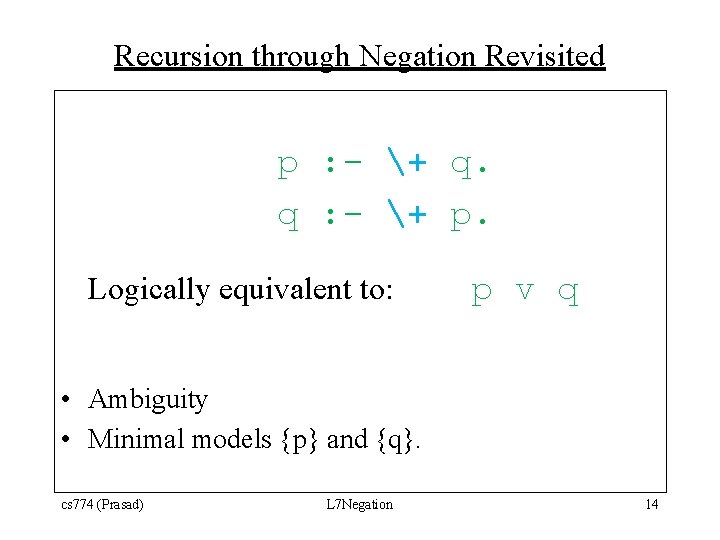 Recursion through Negation Revisited p : - + q. q : - + p.