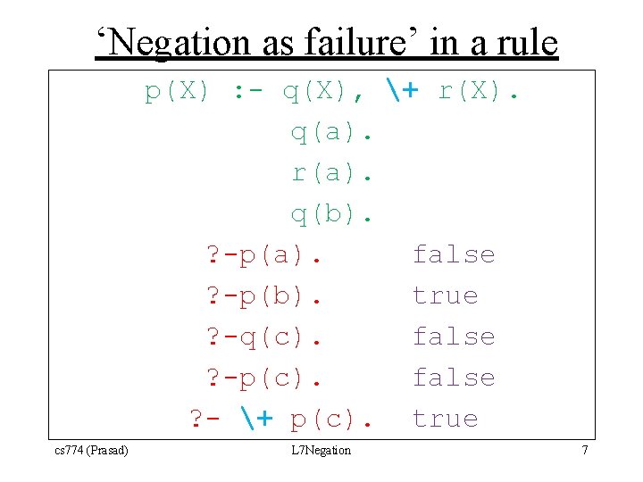 ‘Negation as failure’ in a rule p(X) : - q(X), + r(X). q(a). r(a).