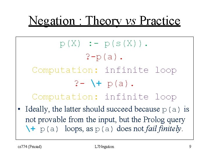 Negation : Theory vs Practice p(X) : - p(s(X)). ? -p(a). Computation: infinite loop