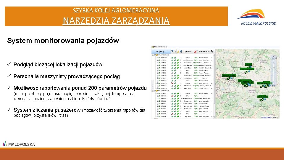 SZYBKA KOLEJ AGLOMERACYJNA NARZĘDZIA ZARZĄDZANIA System monitorowania pojazdów ü Podgląd bieżącej lokalizacji pojazdów ü