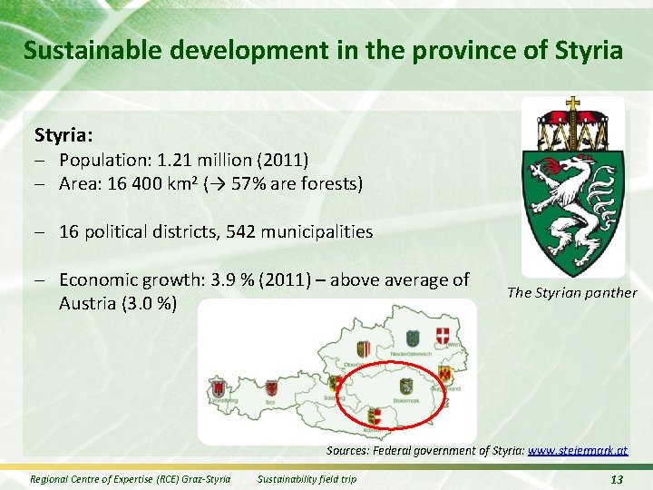 Sustainable development in the province of Styria: - Population: 1. 21 million (2011) -