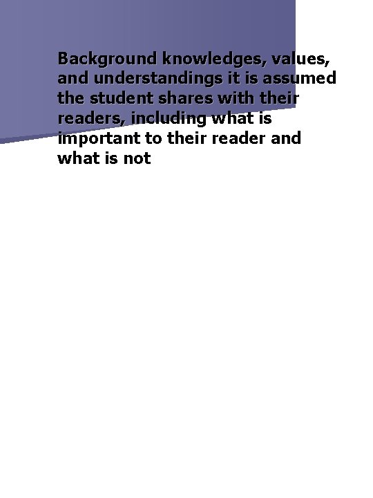 Background knowledges, values, and understandings it is assumed the student shares with their readers,