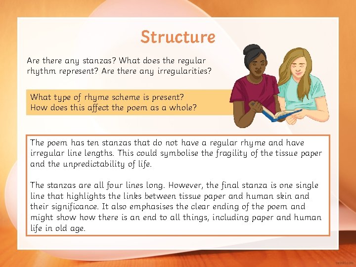 Structure Are there any stanzas? What does the regular rhythm represent? Are there any