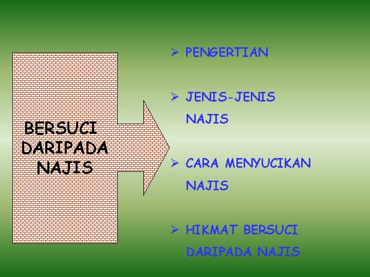 Ø PENGERTIAN Ø JENIS-JENIS BERSUCI DARIPADA NAJIS Ø CARA MENYUCIKAN NAJIS Ø HIKMAT BERSUCI