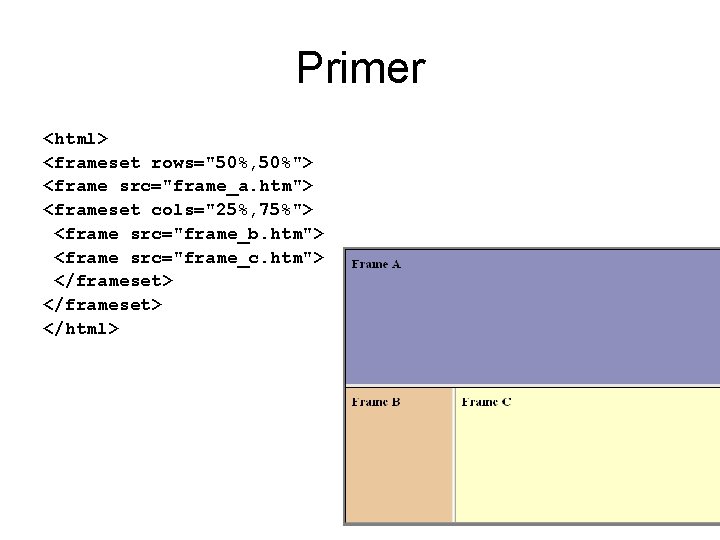 Primer <html> <frameset rows="50%, 50%"> <frame src="frame_a. htm"> <frameset cols="25%, 75%"> <frame src="frame_b. htm">