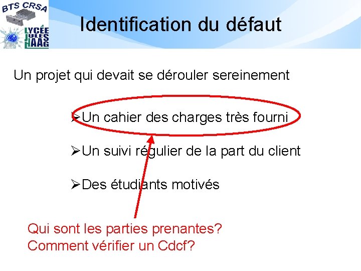 Identification du défaut Un projet qui devait se dérouler sereinement ØUn cahier des charges