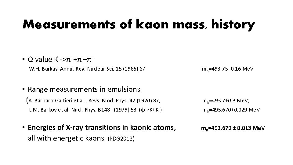 Measurements of kaon mass, history • Q value K-->π++π-+πW. H. Barkas, Annu. Rev. Nuclear
