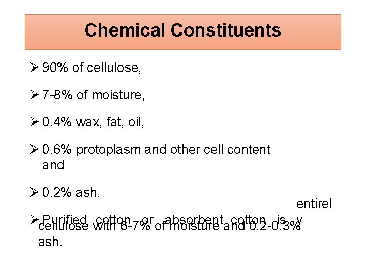 Chemical Constituents 90% of cellulose, 7 -8% of moisture, 0. 4% wax, fat, oil,