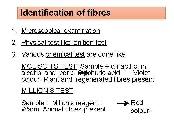 Identification of fibres 1. Microscopical examination 2. Physical test like ignition test 3. Various