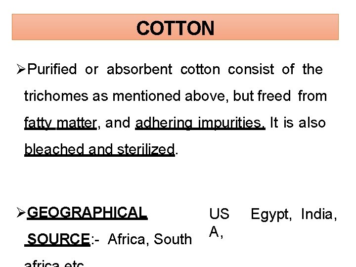 COTTON Purified or absorbent cotton consist of the trichomes as mentioned above, but freed