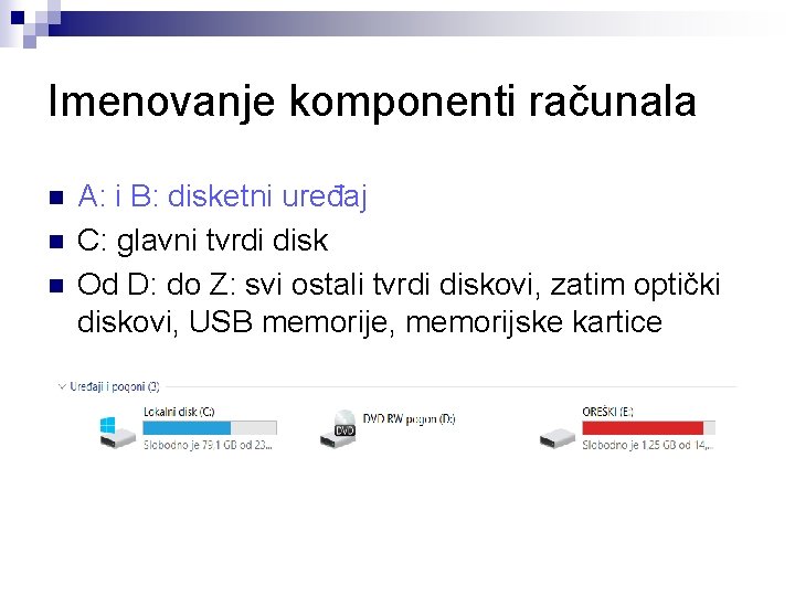 Imenovanje komponenti računala n n n A: i B: disketni uređaj C: glavni tvrdi