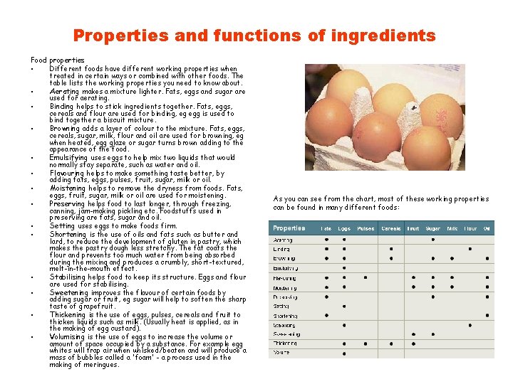 Properties and functions of ingredients Food properties • Different foods have different working properties