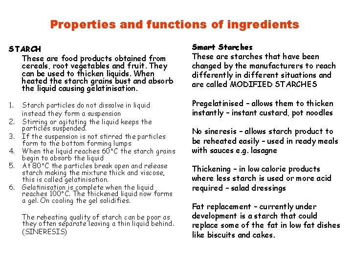 Properties and functions of ingredients STARCH These are food products obtained from cereals, root