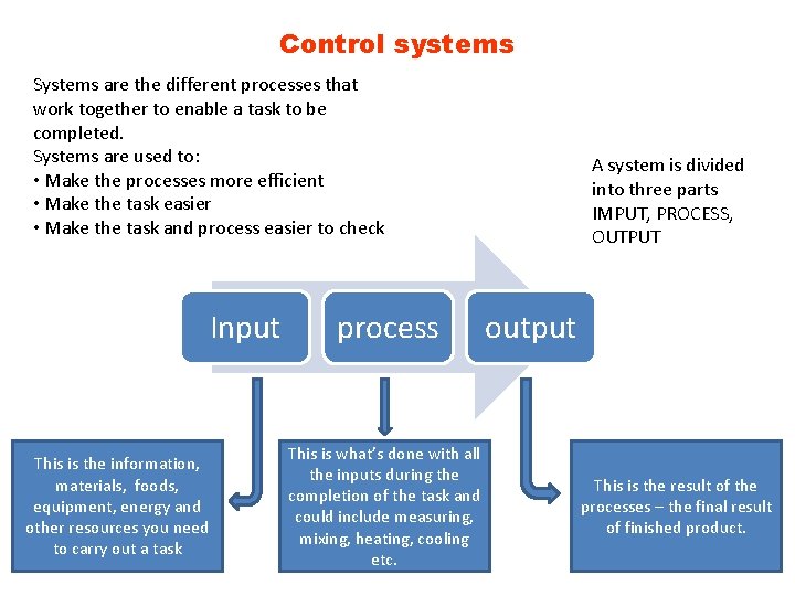 Control systems Systems are the different processes that work together to enable a task