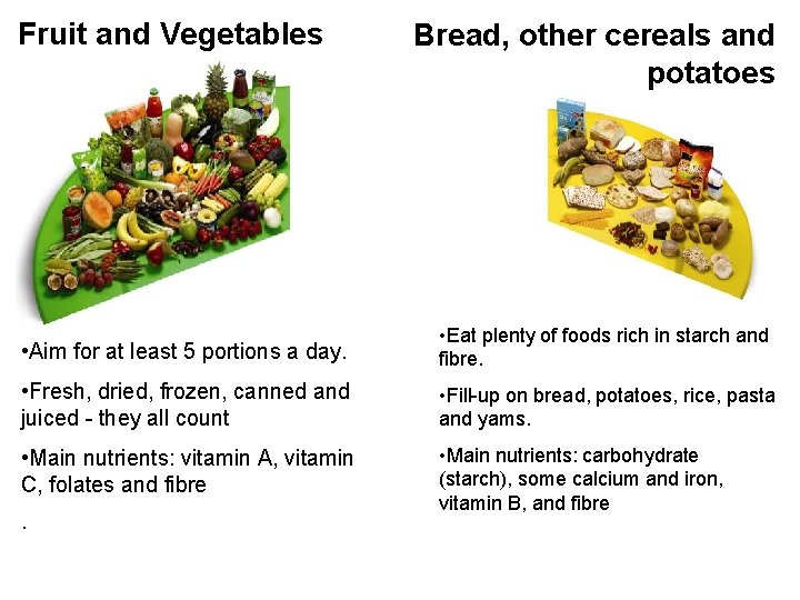 Fruit and Vegetables Bread, other cereals and potatoes • Aim for at least 5