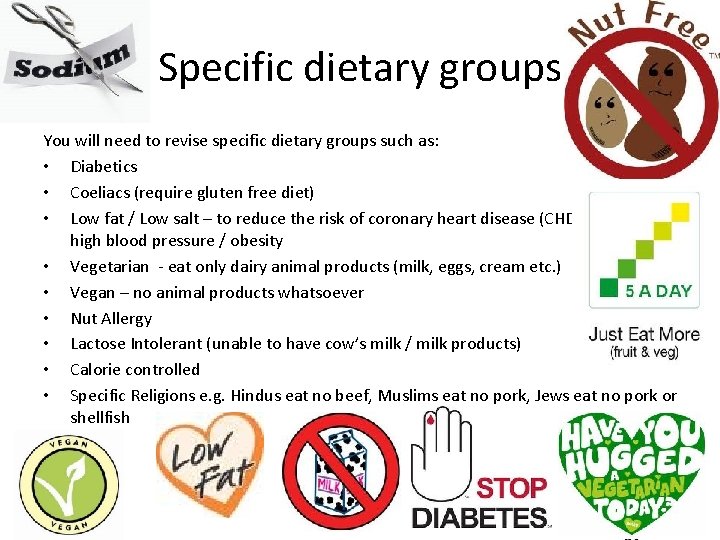 Specific dietary groups You will need to revise specific dietary groups such as: •