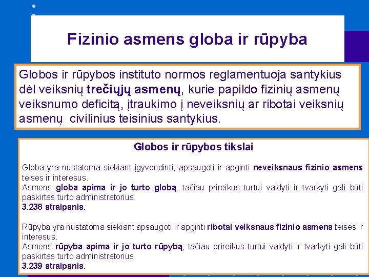 Fizinio asmens globa ir rūpyba Globos ir rūpybos instituto normos reglamentuoja santykius dėl veiksnių