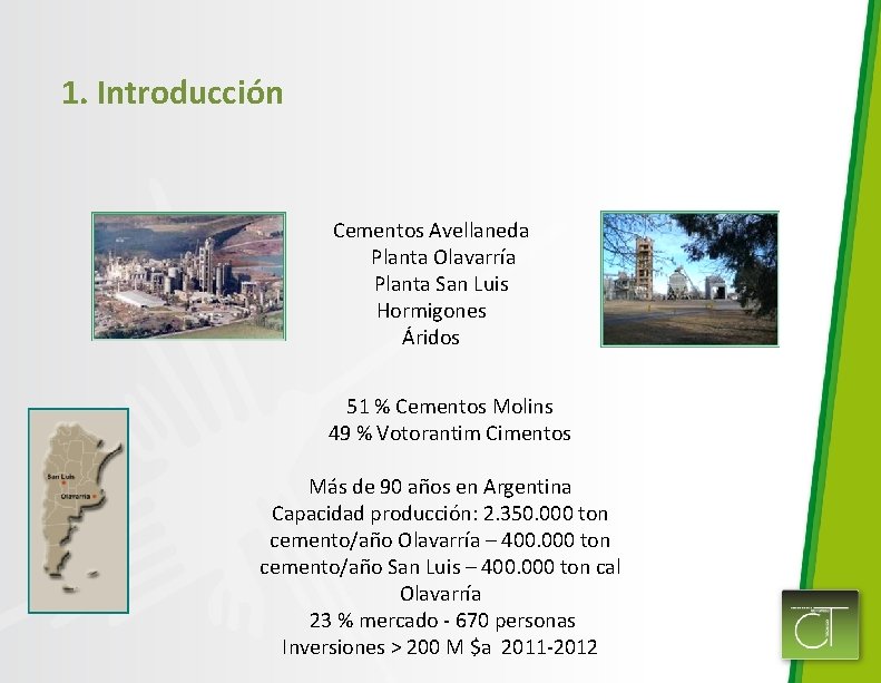 1. Introducción Cementos Avellaneda Planta Olavarría Planta San Luis Hormigones Áridos 51 % Cementos