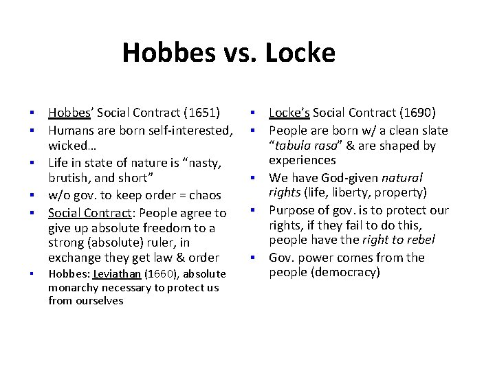 Hobbes vs. Locke ▪ Hobbes’ Social Contract (1651) ▪ Humans are born self-interested, wicked…