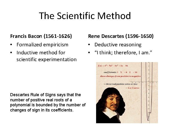 The Scientific Method Francis Bacon (1561 -1626) • Formalized empiricism • Inductive method for