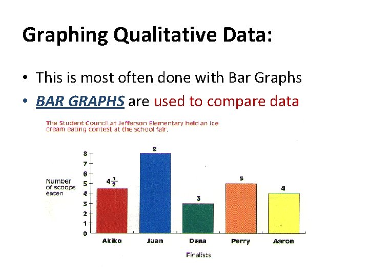 Graphing Qualitative Data: • This is most often done with Bar Graphs • BAR