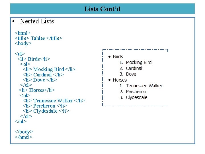 Lists Cont’d • Nested Lists <html> <title> Tables </title> <body> <ul> <li> Birds</li> <ol>