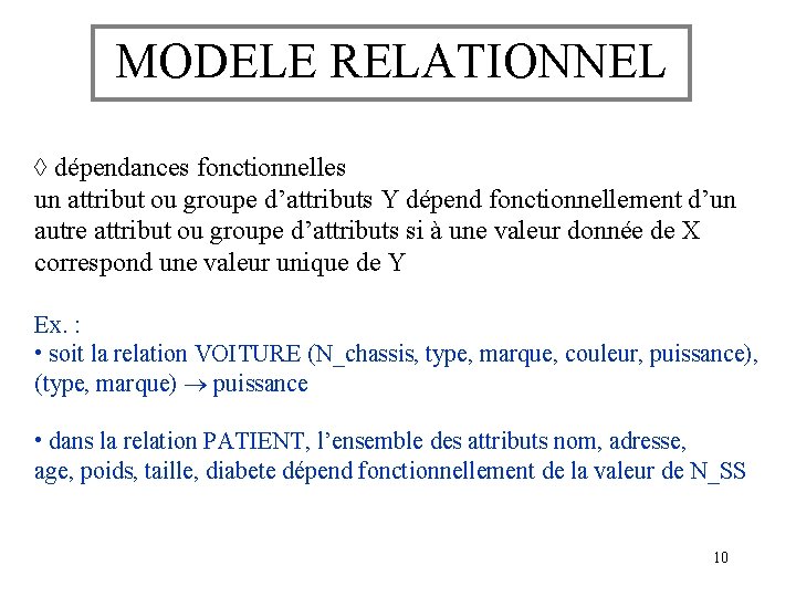 MODELE RELATIONNEL dépendances fonctionnelles un attribut ou groupe d’attributs Y dépend fonctionnellement d’un autre