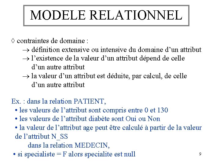 MODELE RELATIONNEL contraintes de domaine : définition extensive ou intensive du domaine d’un attribut