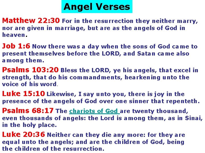 Angel Verses Matthew 22: 30 For in the resurrection they neither marry, nor are