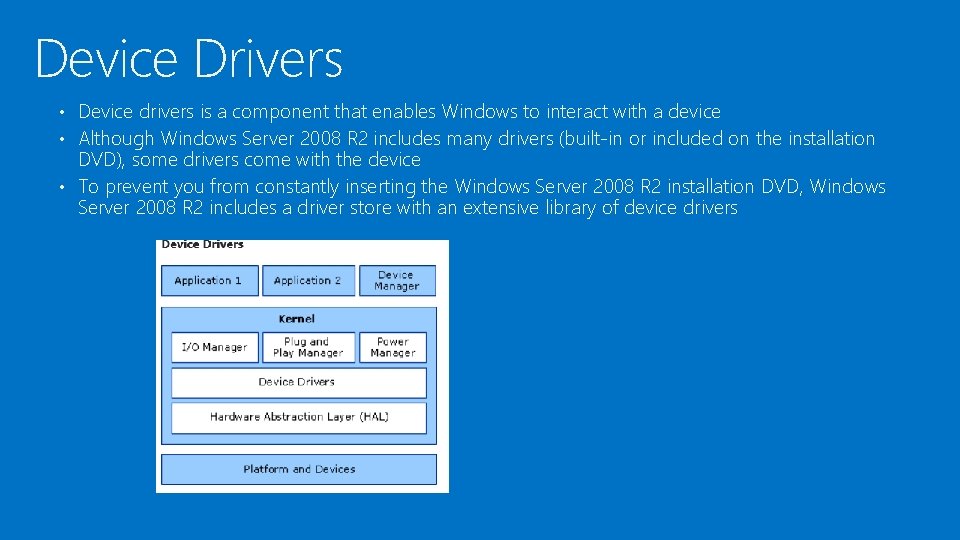 Device Drivers • Device drivers is a component that enables Windows to interact with Device Drivers • Device drivers is a component that enables Windows to interact with