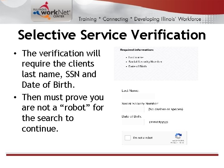 Selective Service Verification • The verification will require the clients last name, SSN and