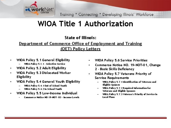WIOA Title 1 Authorization State of Illinois: Department of Commerce Office of Employment and