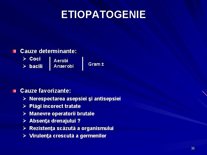 ETIOPATOGENIE Cauze determinante: Ø Coci Ø bacili │ Aerobi Anaerobi │ Gram ± Cauze