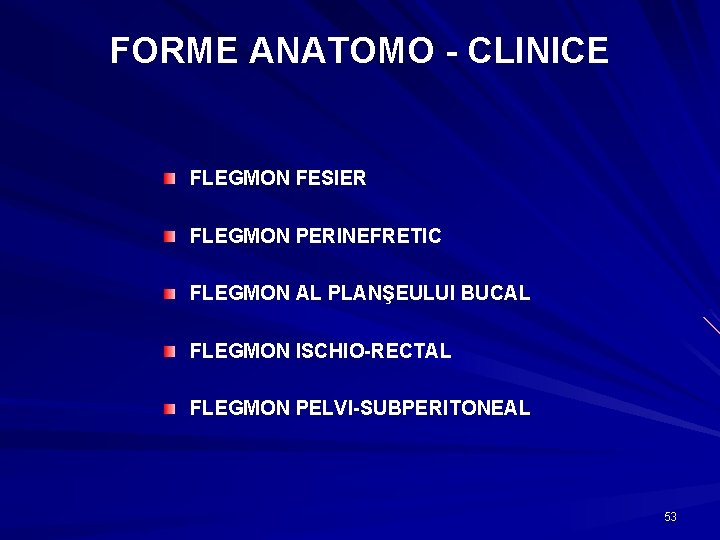 FORME ANATOMO - CLINICE FLEGMON FESIER FLEGMON PERINEFRETIC FLEGMON AL PLANŞEULUI BUCAL FLEGMON ISCHIO-RECTAL