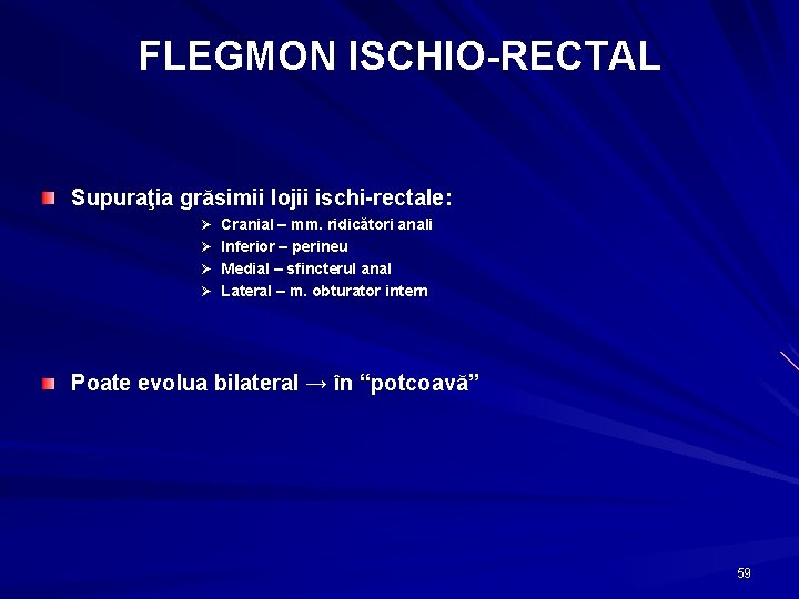 FLEGMON ISCHIO-RECTAL Supuraţia grăsimii lojii ischi-rectale: Ø Cranial – mm. ridicători anali Ø Inferior