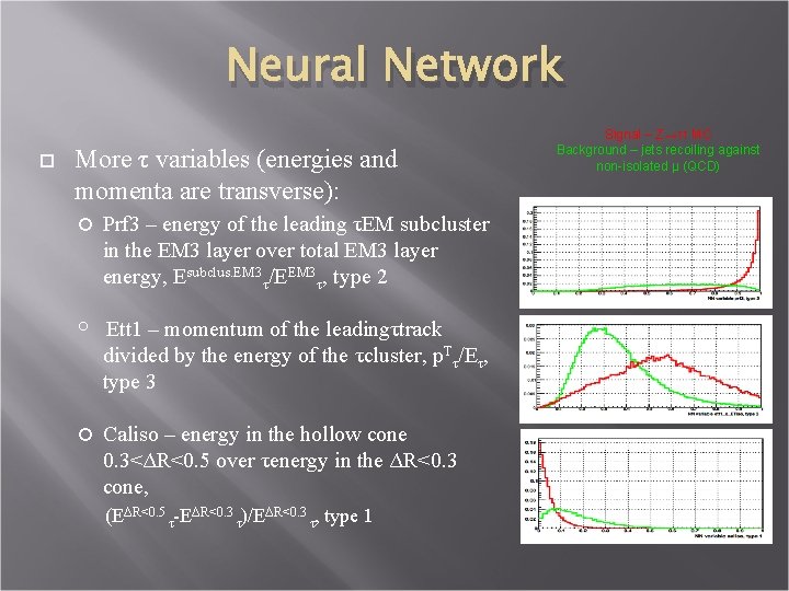 Neural Network More τ variables (energies and momenta are transverse): Prf 3 – energy