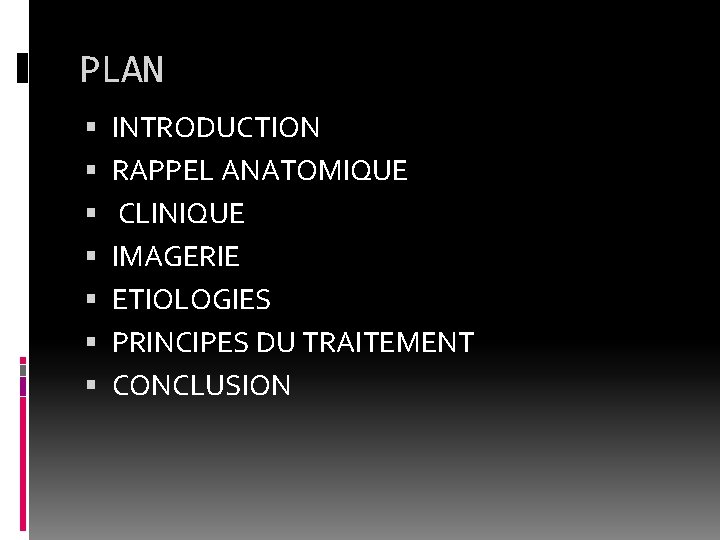 PLAN INTRODUCTION RAPPEL ANATOMIQUE CLINIQUE IMAGERIE ETIOLOGIES PRINCIPES DU TRAITEMENT CONCLUSION 
