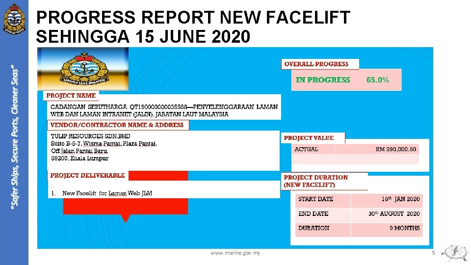 PROGRESS REPORT NEW FACELIFT SEHINGGA 15 JUNE 2020 www. marine. gov. my 5 