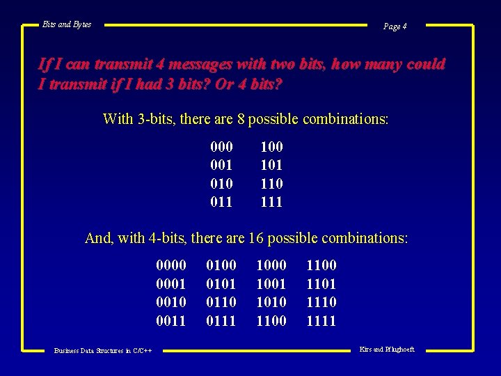 Bits and Bytes Page 4 If I can transmit 4 messages with two bits,