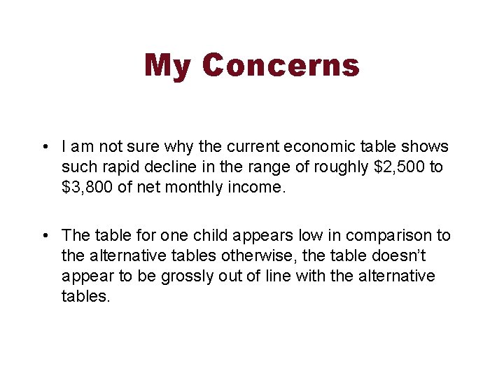 My Concerns • I am not sure why the current economic table shows such