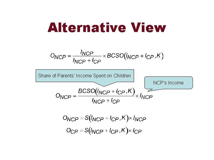 Alternative View Share of Parents’ Income Spent on Children NCP’s Income 