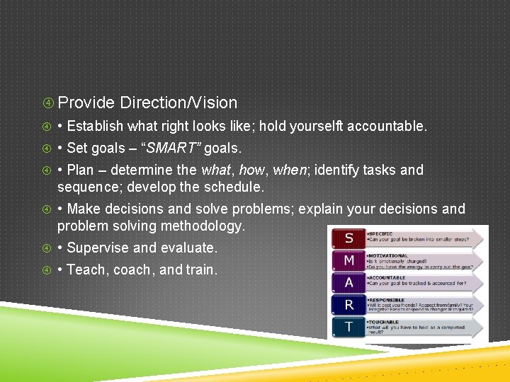  Provide Direction/Vision • Establish what right looks like; hold yourselft accountable. • Set