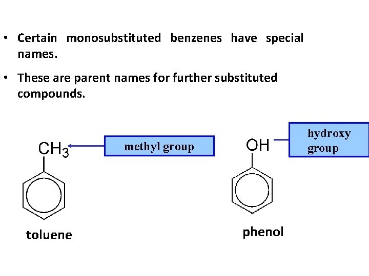  • Certain monosubstituted benzenes have special names. • These are parent names for