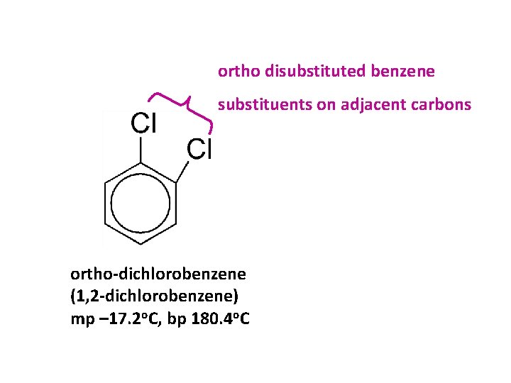 ortho disubstituted benzene substituents on adjacent carbons ortho-dichlorobenzene (1, 2 -dichlorobenzene) mp – 17.